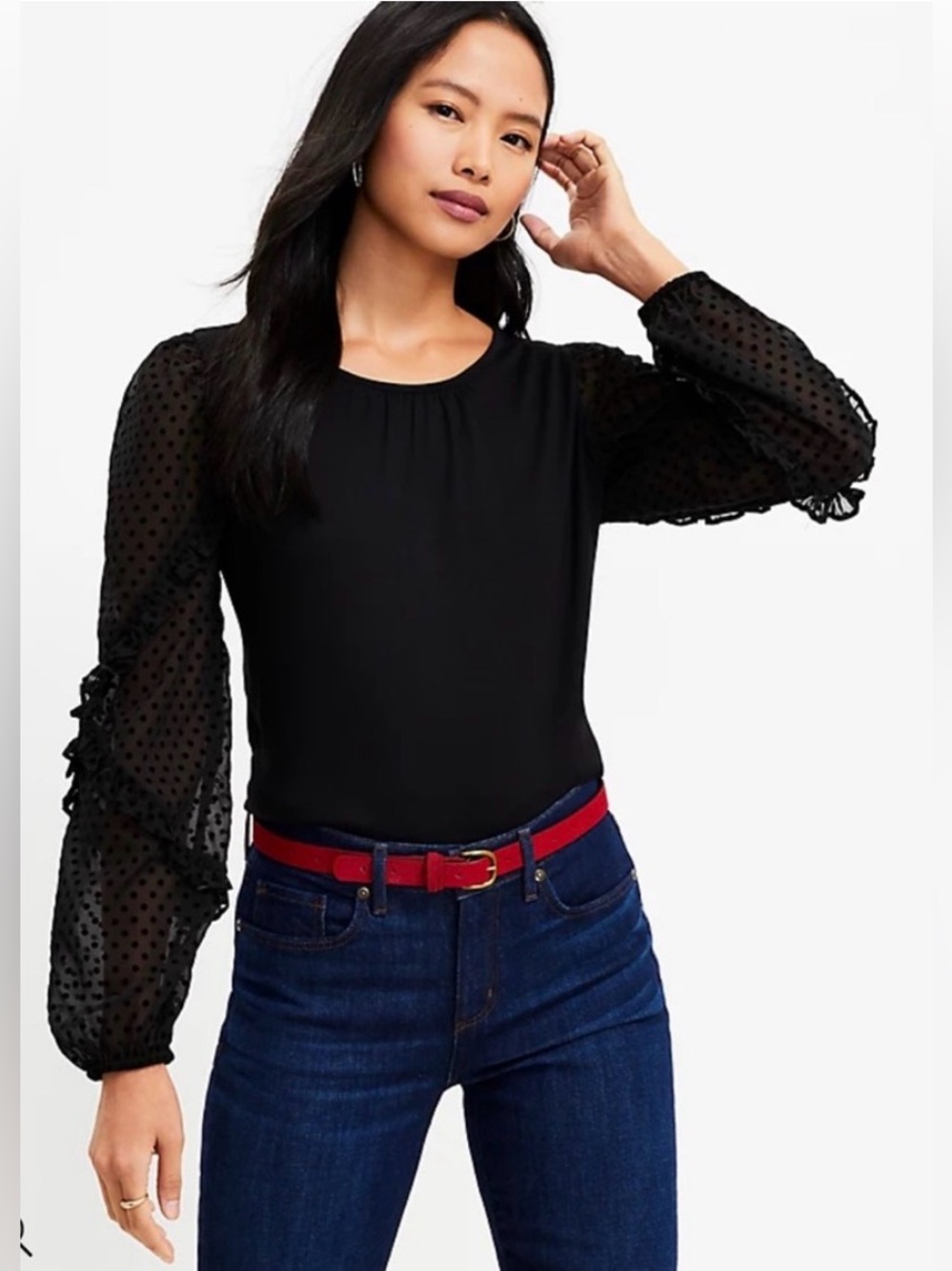 LOFT Velvet Dot Ruffle Sleeve Mixed Media Top
